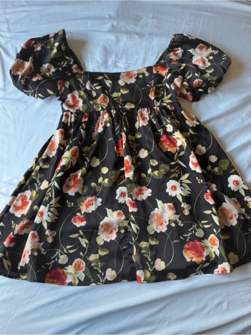Inspired Hearts Black Floral Dress with Peach and Cream Blooms